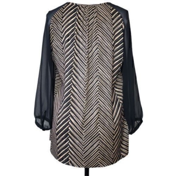 Ann Taylor Black Light Brown Long Sheer Sleeve Blouse Chevron Pattern Sz Medium - Picture 3 of 5